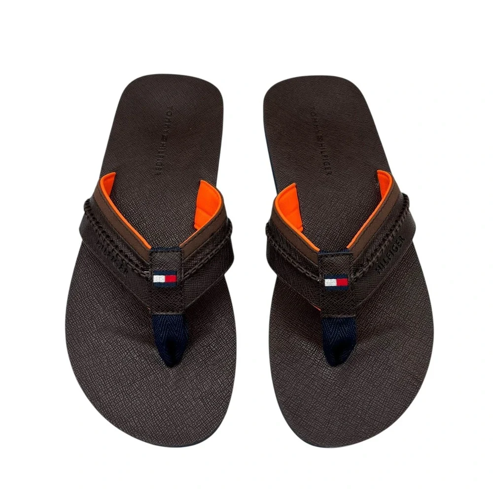 Tommy Hilfiger Mens Dembo Thong Sandal Size 11 Brown Faux‎ Leather Flexible
